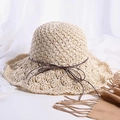Handwoven cream straw sun hat featuring a delicate hollow pattern and brown ribbon bow - L(58-60cm) / Beige Bowknot