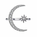 Polished silver star and crescent moon open ring featuring shimmering pavé set crystals - Adjustable Open / White Gold
