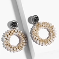 Macro shot of elegant beige beaded hoop earrings with shimmering crystal stud details - erp45 Gold