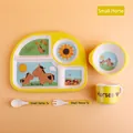 5-piece yellow bamboo fiber kids dinnerware set with horse and farm theme illustration - Pony