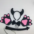 Black devil horn 5-piece set with plush headband, paw gloves, bow tie and tail for Halloween - Black Devil Horn 3-Piece Set + Black Gloves