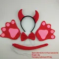 Red devil horn headband set with pink paw gloves and long tail for Halloween cosplay - Black & Red Devil Horn 3-Piece Set + Red Gloves