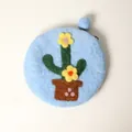 Handmade light blue wool felt cactus coin purse with a cute flower and zipper - Blue