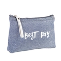 Blue denim makeup bag with zipper and white Best Day print on a clean background - Fashion English / Denim Blue
