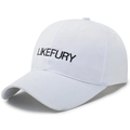 Classic white cotton baseball cap with black LIKEFURY embroidery and six-panel structure - White