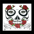 Macro detail of sugar skull face tattoo with red roses and green leaves on paper - HFS017