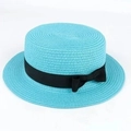 Turquoise boater straw hat with black ribbon and bow for UV protection and summer vacations - Adult (56-58CM) / Light Blue