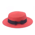 Classic red flat top straw boater hat with black grosgrain ribbon bow for beach vacations - Adult (56-58CM) / Red