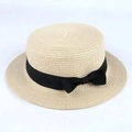 Chapeau de paille beige à toit plat avec ruban noir pour femmes et enfants - Adulte (56-58CM) / Blanc Cassé