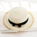 Chapeau de paille crème élégant avec ruban noir et bordure effilochée naturelle - Taille Unique Adulte(56-58cm) / Blanc laiteux