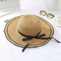 Cappello da spiaggia in paglia kaki con fiocco in nastro nero e tesa larga chic - Nastri Sottili Doppi / Cachi