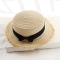Chapeau de paille beige avec ruban noir et bords effilochés pour vacances d'été - Taille Unique Adulte(56-58cm) / Beige