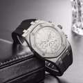 Men's silver sport watch with octagonal bezel and black rubber strap on leather background - Distressed Silver Case Silver Dial(4)