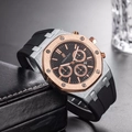 Macro detail of chronograph watch with rose gold bezel and black rubber strap - Silver Case Black Dial(5)