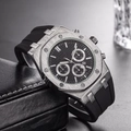 Close-up of silver metal chronograph watch case with black silicone strap and date function - Silver Case Multi-Dial Chrono Black Dial(8)