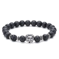 Detailed view of natural lava stone beads and antique silver lion head on beaded bracelet - Lion-Antique Silver