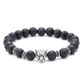 Macro detail of natural black lava rock beads and silver panther head charm on the bracelet - Panther-Antique Silver