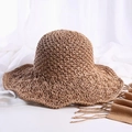 Handwoven straw sun hat in dark khaki with scalloped brim and vintage beach style - L(58-60cm) / Khaki