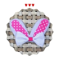 Detail of pink polka dot rabbit ears hair accessory with light purple bow on woven mat - 5.5*6cm / Purple