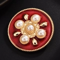 Vintage round red enamel brooch with golden filigree and white pearls detail - Red Enamel Disc