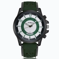 Close-up of SOKI military quartz watch with white and green dial and leather strap - Green Strap