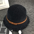 Chapeau bob en tricot noir pour enfant avec ruban marron et bord à franges douces - Noir
