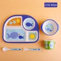 5-piece whale bamboo fiber kids tableware set with divided plate and cup in blue - Little Whale