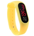 Detail of yellow silicone sports wristband with red LED digital display on white background - Yellow