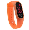 Detail view of the orange silicone sports watch with a clear red LED digital display - Orange