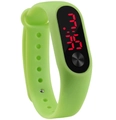 Close-up of fluorescent green LED sports watch with red digital display and silicone strap - Army Green