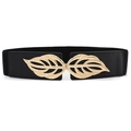 Black elastic waist belt with gold leaf-shaped metal buckle for women's dresses - EL101 Black (Gold Leaf Buckle)