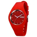 Minimalist red silicone quartz watch with high-saturation strap and silver dial markers - Red