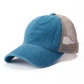Detail view of washed cotton mesh trucker hat with contrast stitching and curved brim - Lake Blue