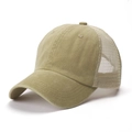 Close-up of khaki green washed cotton baseball cap with breathable mesh back design - Khaki