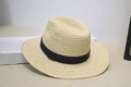 Classic beige raffia panama hat with black ribbon decoration for summer sun protection - Adjustable / Natural Raffia