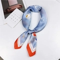 Sky blue silk square scarf with hand-painted artistic prints and orange geometric borders - 70cm / 12 Leisure Time Blue