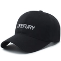 Minimalist black cotton baseball cap featuring white LIKEFURY embroidery detail - Black