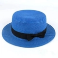 Blue boater straw hat with black ribbon bow for sun protection and beach style - Adult (56-58CM) / Dark Blue
