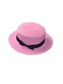 Pink flat top straw hat with black ribbon and bow decoration for summer sun protection - Adult (56-58CM) / Pink