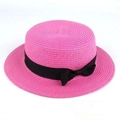 Chapeau de paille canotier rose avec ruban noir pour femme et enfant - Adulte (56-58CM) / Rose Rouge