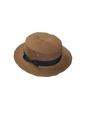 Flat lay of a tan straw boater sun hat with a black bow ribbon on white background - Adult (56-58CM) / Coffee