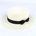 Chapeau canotier en paille crème avec ruban noir élégant pour protection solaire d'été - Adulte (56-58CM) / Blanc