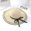Cappello di paglia beige a tesa larga con bordo nero e fiocco in nastro di seta - Nastri Sottili Doppi / Beige