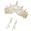 Luxury gold bridal jewelry set featuring a sparkling rhinestone tiara and floral drop earrings - Crown + Clip-on Earrings / Gold