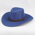 Chapeau de cowboy en lin bleu avec cordon tressé marron et œillets pour protection solaire - Taille Unique 58cm / Lin Bleu Pressé en Haut