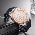 Macro shot of silver tapestry dial chronograph with rose gold octagonal bezel and rubber strap - Silver Case Silver Tapisserie Dial(2)
