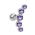 Macro shot of silver cartilage stud featuring five curved purple crystals with ball back - Purple