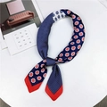 Retro French style navy blue silk scarf with red polka dots and floral pattern for neck decoration - 70*70cm / Four Grids Floral Navy Blue