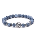 Weathered blue agate beaded bracelet featuring a silver lion head charm and floral spacers - Lion Head - Antique Silver
