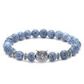 Blue weathered agate beaded bracelet featuring a vintage silver owl charm and spacers - Owl Head - Antique Silver
